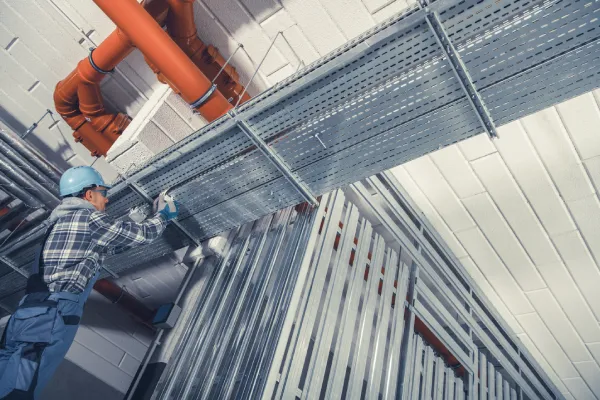 Technician Installing Electric Lines Along Aluminium Elements in a Commercial Building
